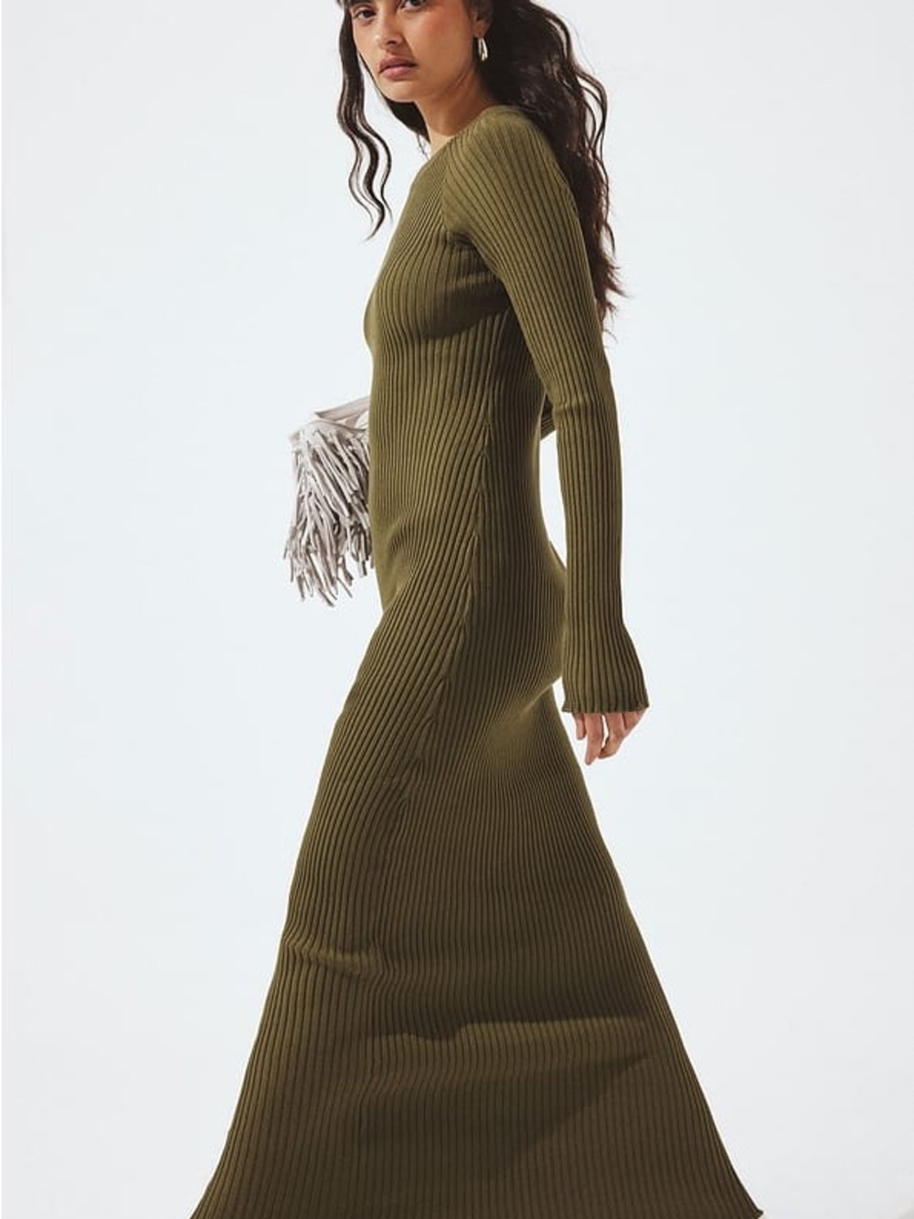 Na-kd Ribbed Long Sleeve Olive Green Maxi Dress